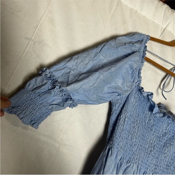 Hill House Nesli Nap Dress Light Blue Metallic Glitter Smocked Square Neck Midi - Picture 4 of 5